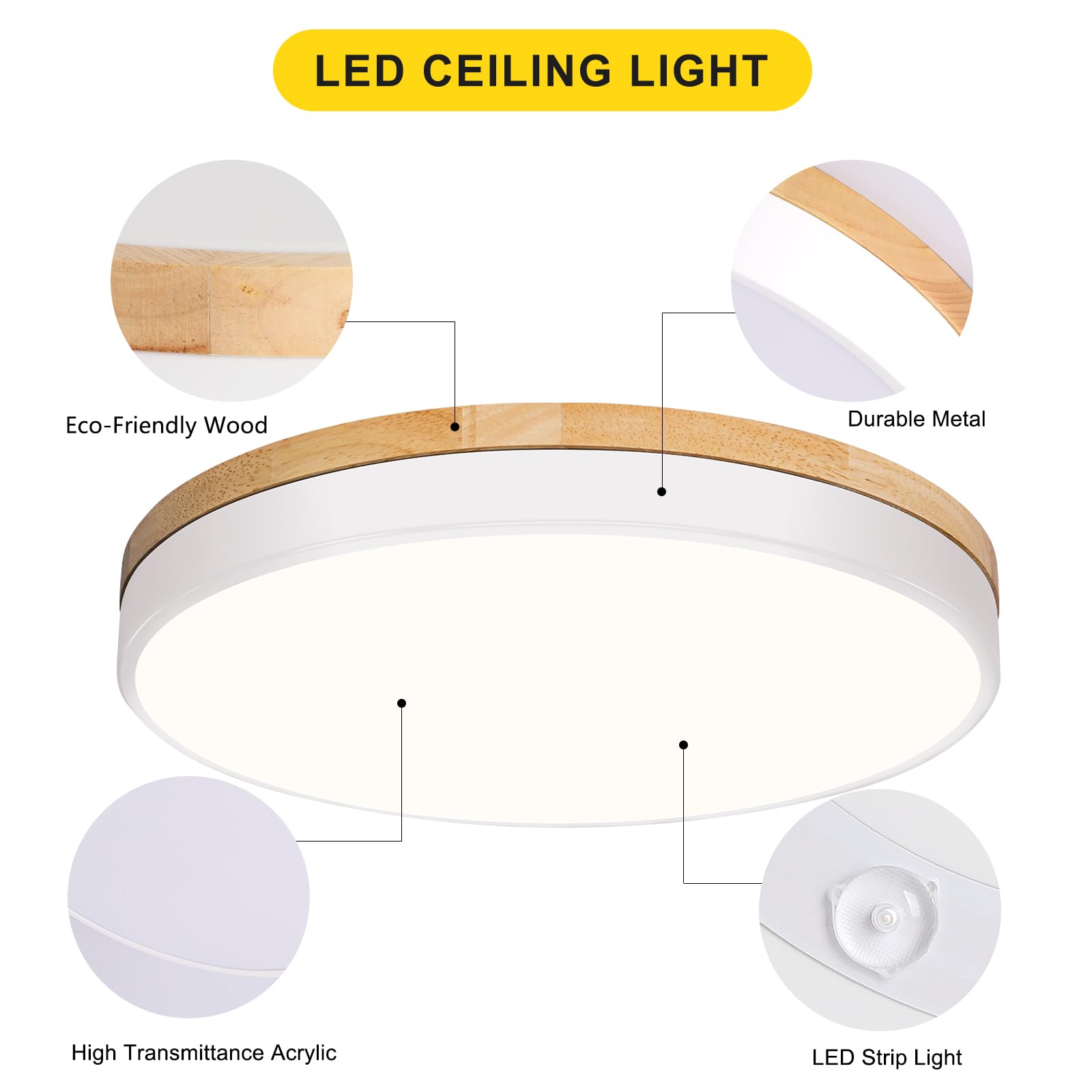 VIOLOEMI Modern Wood White Flush Mount Ceiling Light, 11.81